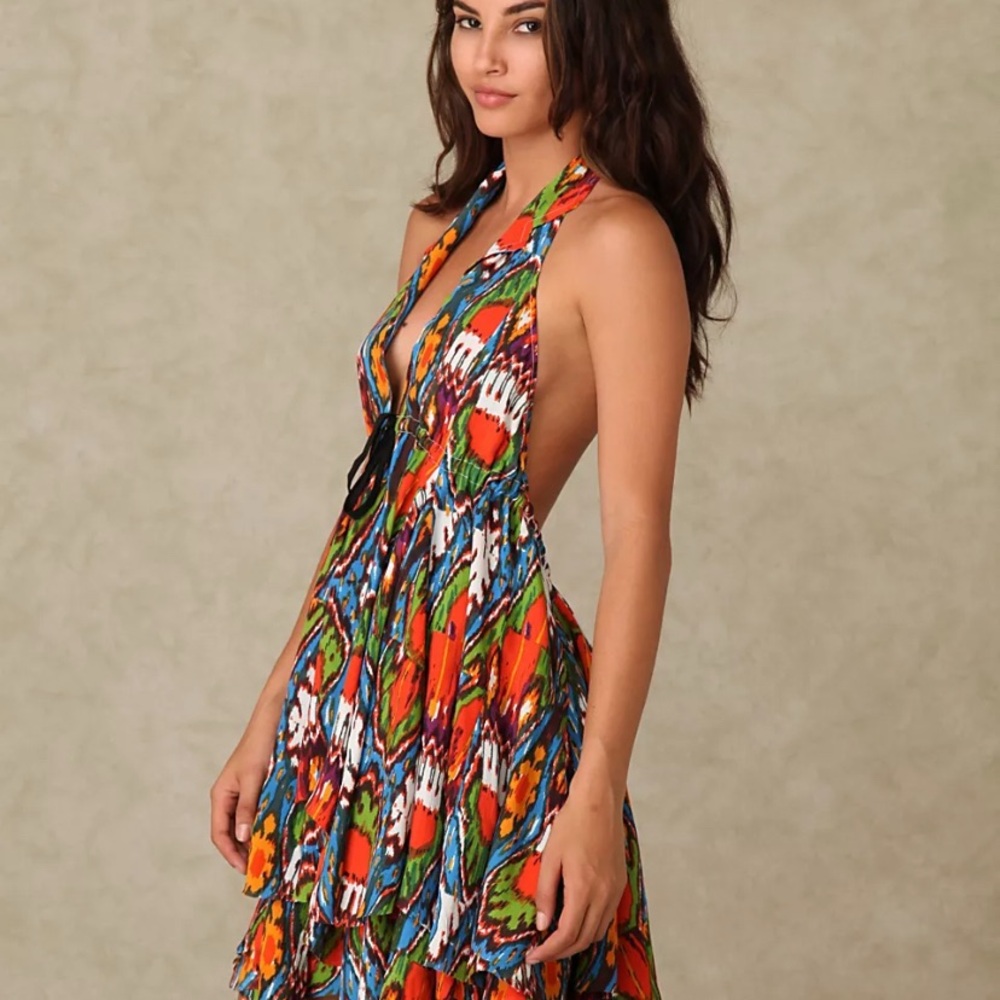 Free People Multicolor Halter Mini Dress - Orange, Blue, Green